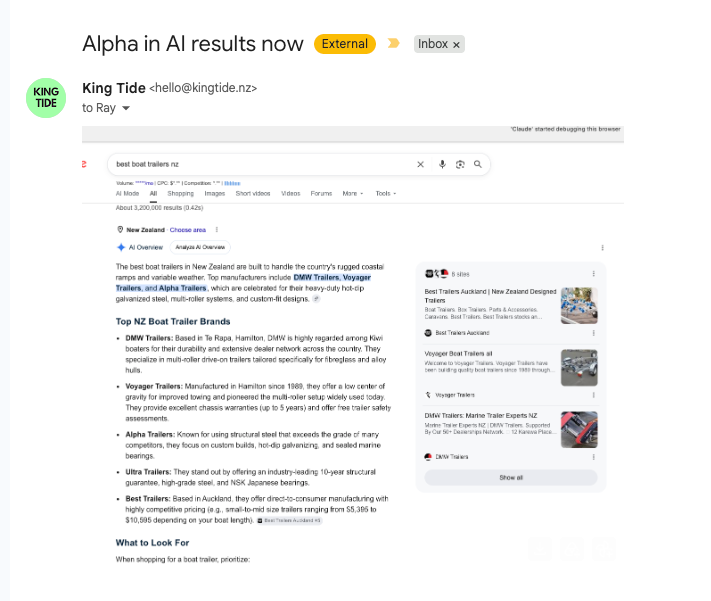 Alpha Trailers now appears in Google AI Overviews for 'best boat trailers nz'