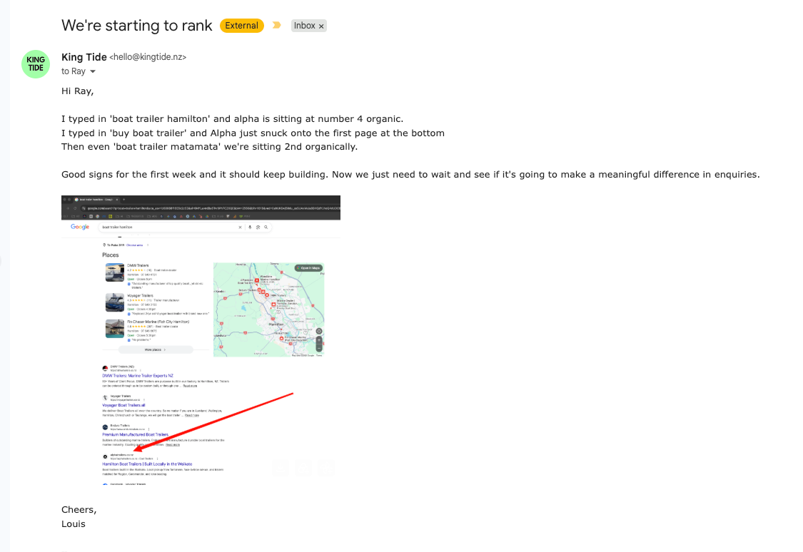 Early ranking update email - Alpha sitting at number 4 organic for 'boat trailer hamilton' within the first week