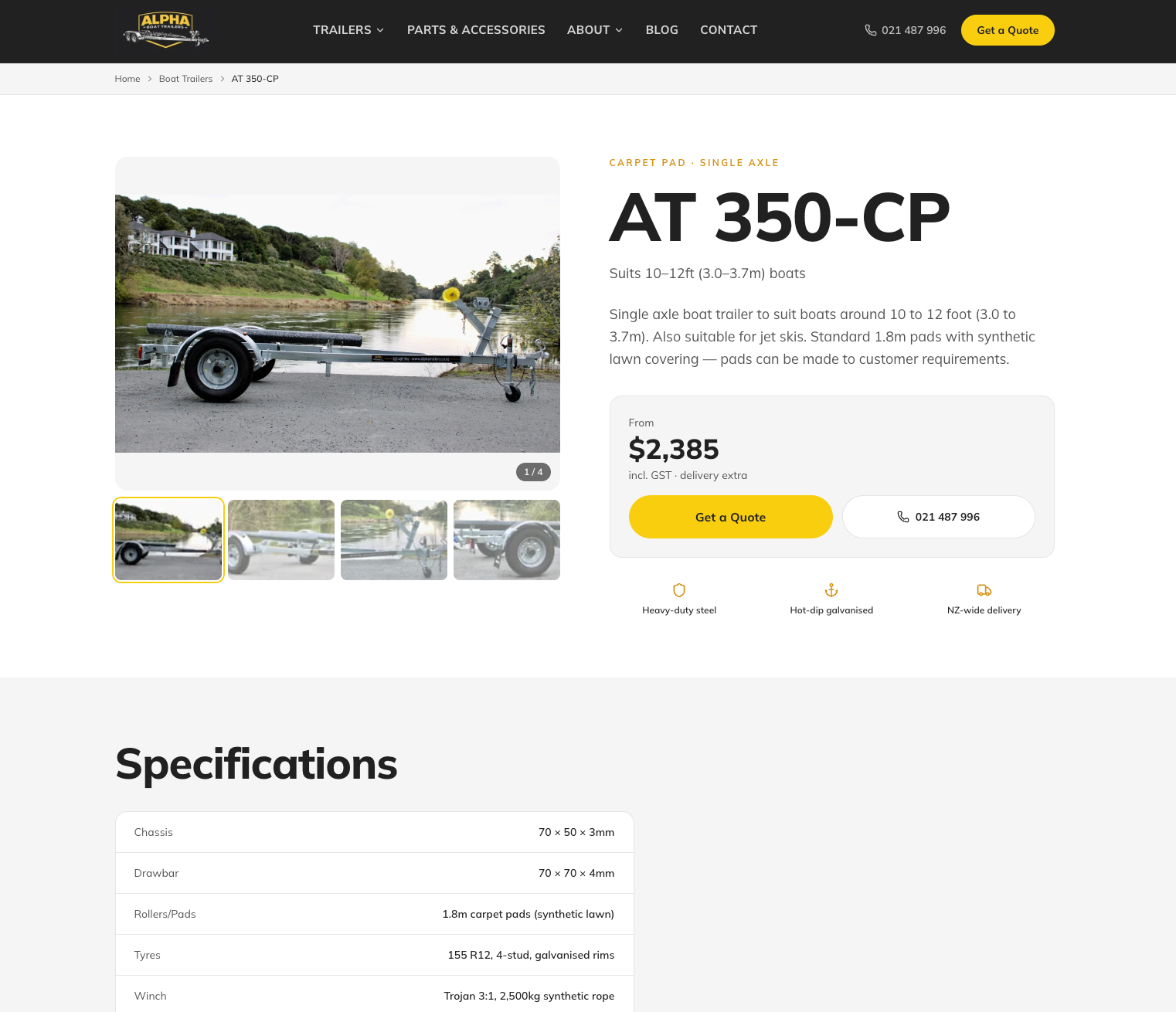 Alpha Trailers product page - transparent pricing, specifications, and clear calls to action